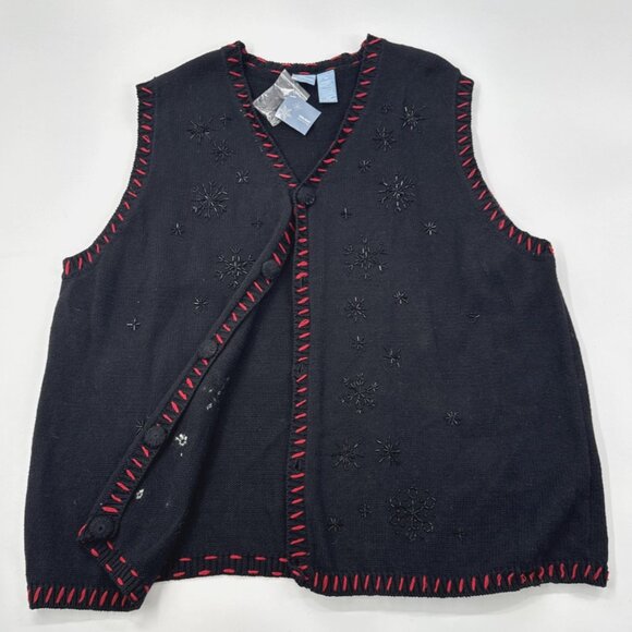 Vintage Holiday Editions Womens Sweater Vest 1X Black Beaded Button Christmas - Picture 1 of 10